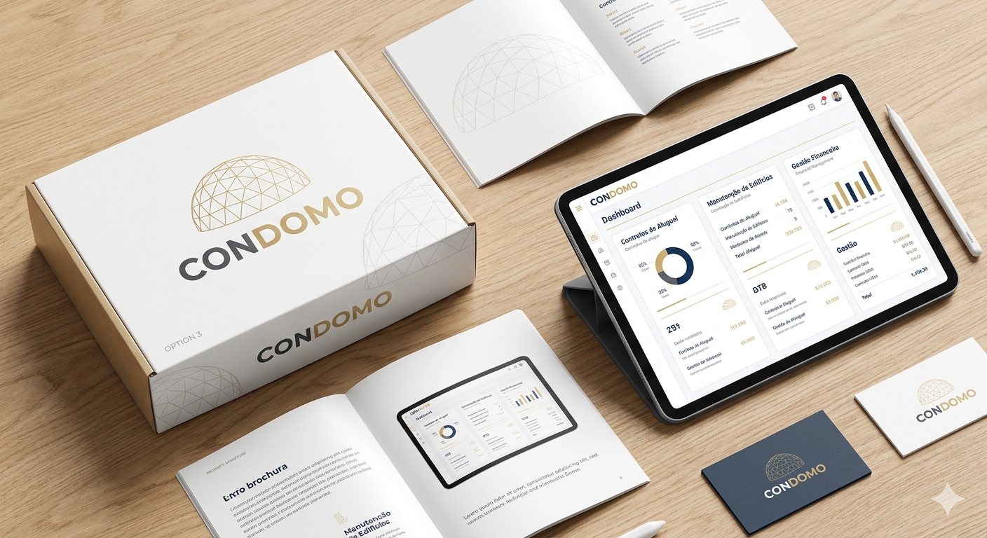 Estudo de identidade visual do Condomo: caixa, brochura, cartões e o painel em um tablet